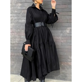 Flattering Plus Size Solid Color Maxi Dress - Refined Collar, Flowy Ruffle Hem, Long Sleeve Design - Perfect for Spring & Fall - Comfortable, Stylish Womens Wear for All Occasions