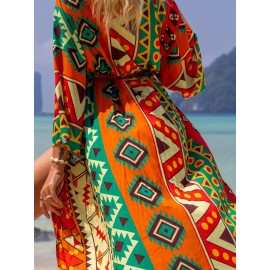 Women's Kaftan Beach Smock Positioning Print Cotton Long Cardigan Sun Protection Resort Seaside