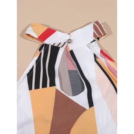 Plus Size Geo Print Halter Neck Dress, Elegant Sleeveless Belted Dress For Spring & Summer, Women's Plus Size Clothing