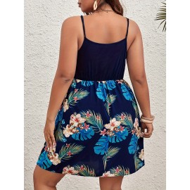 Plus Size Tropical Print Patchwork Cami Dress, Vacation Style Knot Front Sleeveless V Neck Dress For Spring & Summer, Women's Plus Size Clothing