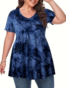 Plus Size Tie Dye Print T-Shirt, Casual V Neck Short Sleeve T-Shirt, Women's Plus Size Clothing