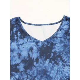 Plus Size Tie Dye Print T-Shirt, Casual V Neck Short Sleeve T-Shirt, Women's Plus Size Clothing
