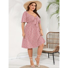 Plus Size V Neck Fitted A-Line Knee Length Wrap Dress with Pockets - Medium Stretch Polyester Floral Print Casual Party Dress for All Seasons