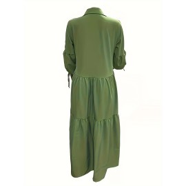Plus Size Solid Color Collared Dress, Casual Ruffle Hem Long Sleeve Maxi Dress For Spring & Fall, Women's Plus Size Clothing
