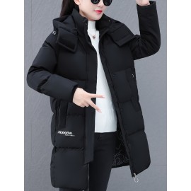 Elegant Plus Size Long Length Hooded Winter Coat with Zipper, 100% Polyester Non-Stretch Casual Style Jacket, Solid Color Warm Padded Outerwear with Regular Sleeves - Winter Collection