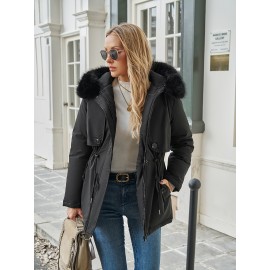 1pc Women'S Plus Size Casual Style Hooded Softshell Jacket, Polyester Fabric, Solid Color, Drawstring Detail, Regular Length, Long Sleeves for Autumn/Winter