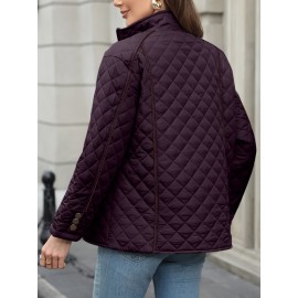 Women's Oversized Polyester Coat, Casual Hug Fit, Small Stand Collar, Long Sleeve, Zipper Closure, Autumn And Winter Warm Coat