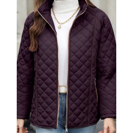 Women's Oversized Polyester Coat, Casual Hug Fit, Small Stand Collar, Long Sleeve, Zipper Closure, Autumn And Winter Warm Coat