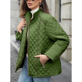 Women's Oversized Polyester Coat, Casual Hug Fit, Small Stand Collar, Long Sleeve, Zipper Closure, Autumn And Winter Warm Coat