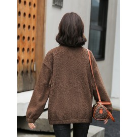 1pc Cozy Plus Size Women'S Casual Sherpa Jacket - Solid Color Polyester Knit Fabric with Slight Stretch, Stand Collar, Long Sleeve Zip-Up Top for Fall/Winter