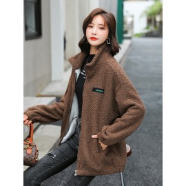 1pc Cozy Plus Size Women'S Casual Sherpa Jacket - Solid Color Polyester Knit Fabric with Slight Stretch, Stand Collar, Long Sleeve Zip-Up Top for Fall/Winter