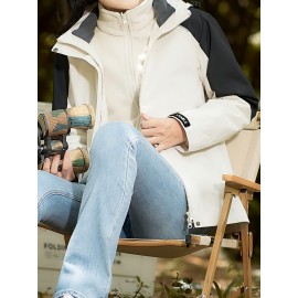 Women's Plus Size Outdoor 3-in-1 Jacket, Colorblock Waterproof Hooded Zip-up Windbreaker, Ideal For Autumn/Winter Hiking & Sports