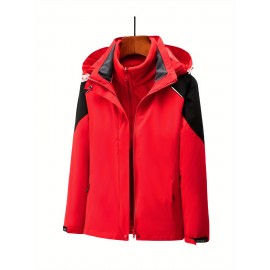 Women's Plus Size Outdoor 3-in-1 Jacket, Colorblock Waterproof Hooded Zip-up Windbreaker, Ideal For Autumn/Winter Hiking & Sports