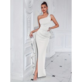 Elegant One Shoulder Split Ruffle Hem Maxi Dress, Sleeveless Slim-Fit Party & Banquet Dress for Women