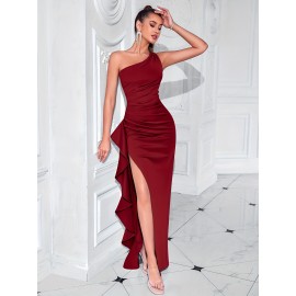Elegant One Shoulder Split Ruffle Hem Maxi Dress, Sleeveless Slim-Fit Party & Banquet Dress for Women