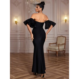 Elegant Off Shoulder Maxi Bodycon Bridesmaid Dress for Wedding Party, Plain Color Women's Clothing