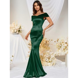1pc MUXXN Elegant Satin Mermaid Gown for Women - Off the Shoulder Cap Sleeve Bodycon Floor-Length Dress, Solid Color Knit Fabric, All-Season Bodycon for Wedding Bridesmaid