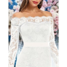 Elegant Off-Shoulder Lace Mermaid Dress for Women - Long Sleeve, Bodycon Fit with Fish Tail Hem, Perfect for Parties & Bridesmaids