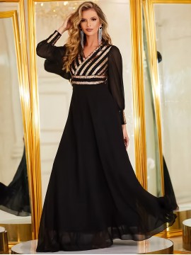 Elegant V-Neck Long Sleeve Dress with Sequin Detail - Polyester & Elastane Blend, Perfect for Parties & Banquets