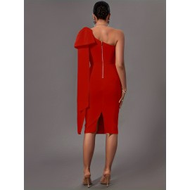 Women's Fashion Sexy Temperament Elegant Tight One Shoulder Long Sleeve Mid-Length Bandage Dress Party Cocktail Evening Dress