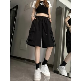 Stylish Flap Pocket Cargo Shorts - Elastic Waist, Drawstring, Casual, Comfortable, Breathable, Quick-Drying, Spring & Summer Essentials - Women's Clothing for Outdoor Activities