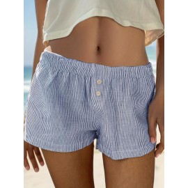 Striped Button Decor Shorts, Casual Beach Vacation Elastic Waist Shorts For Summer & Spring, Women's Clothing