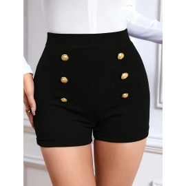 Solid Color High Waist Knitting Shorts, Casual Button Front Skinny Shorts For Every Day, Women's Clothing