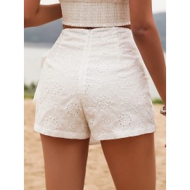 Womens Elegant High Waist Solid Color Eyelet Wrap Tie Skort - Lace Up, Micro Elastic Polyester Fabric, No Printing, Woven, Summer Vacation Style - Comfortable and Chic Short Skort for Women